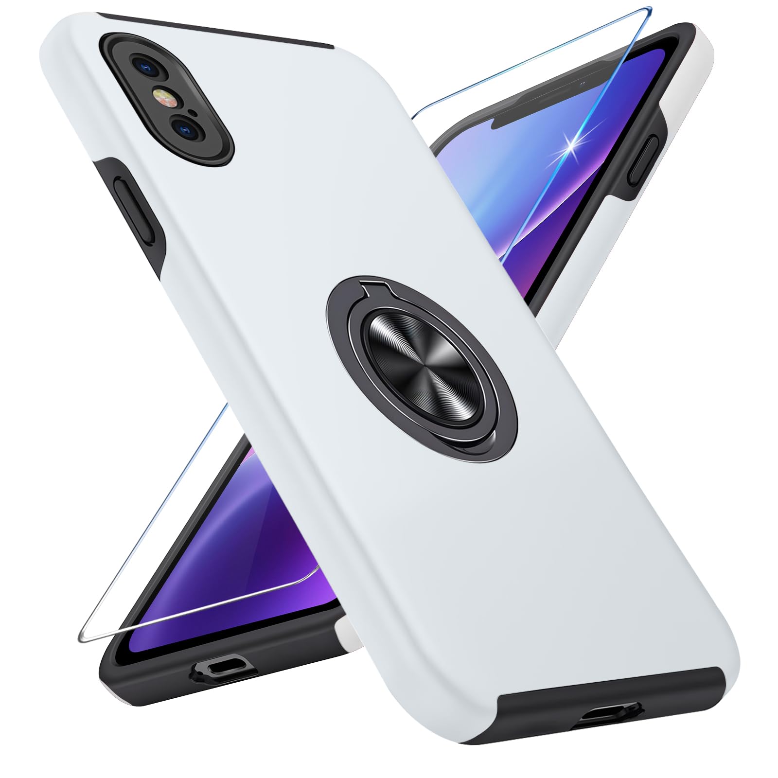 Vaki Handyhülle für iPhone X/XS Hülle mit Schutzfolie, Schutzhülle Case mit 360° Magnetischer Ring Ständer Kratzfest Fallfestigkeit Stoßfest für iPhone X/XS Cover (Silber)