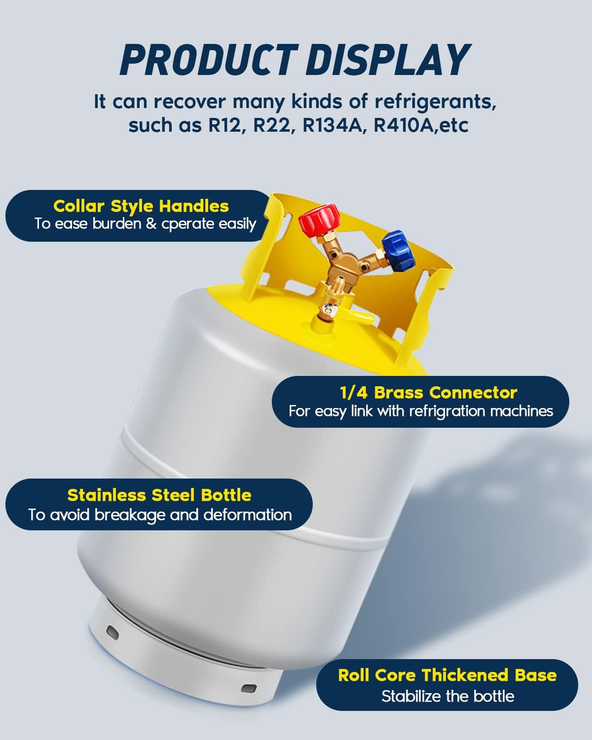 Cuilvu Refrigerant Recovery Tank 50LB with 1/4 SAE Y-Valve Reusable Cylinder Tank Without Float Switch Gray Yellow for R134A/R410A/R22