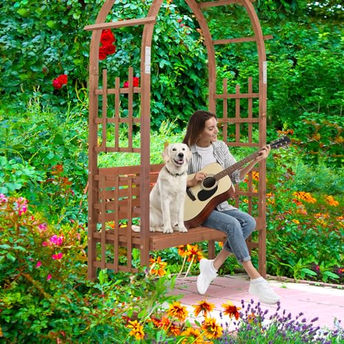 HFITACE 6.8FT Garden Arch with 2-Person Bench - Ideal Trellis for Climbing Plants, Perfect for Outdoor Garden, Lawn, Backyard & Patio Decor - Dark Brown