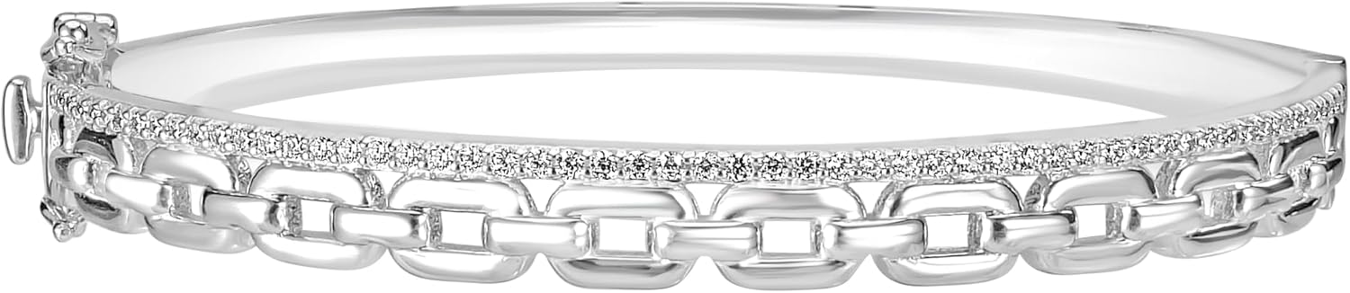 Judy Crowell Jewelry Sterling Silver Link Two Row Cubic Zirconia Bangle Bracelet