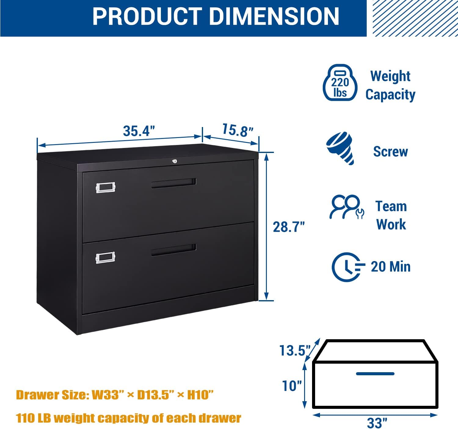 Black and Gray Metal 2-Drawer Lockable Lateral File Cabinet