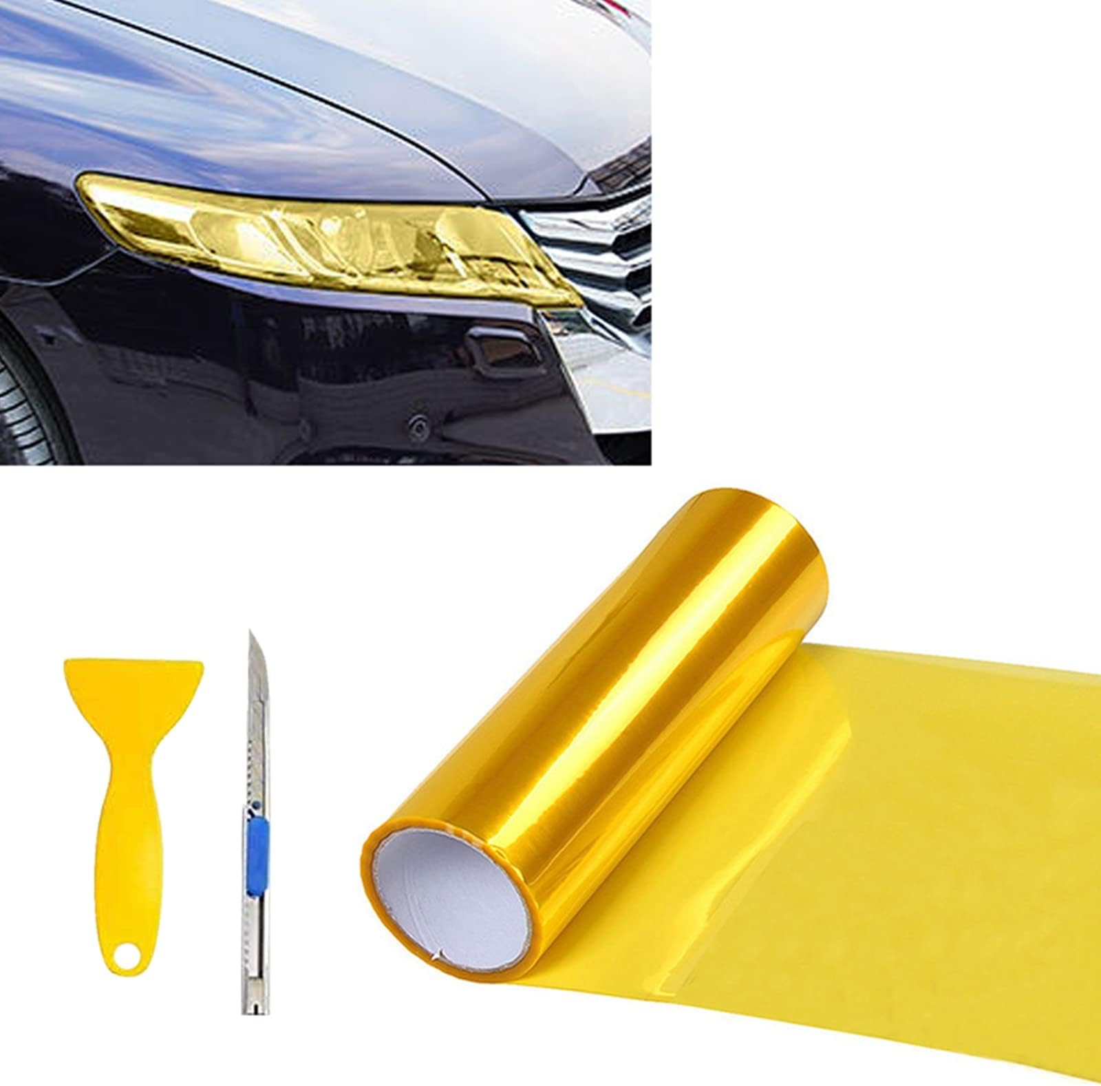 12” X 48” Glossy Yellow Tint Vinyl Wrap Film Roll for Car Headlight, Taillight, Fog Lights with Squeegee + Cutter（Glossy Yellow）