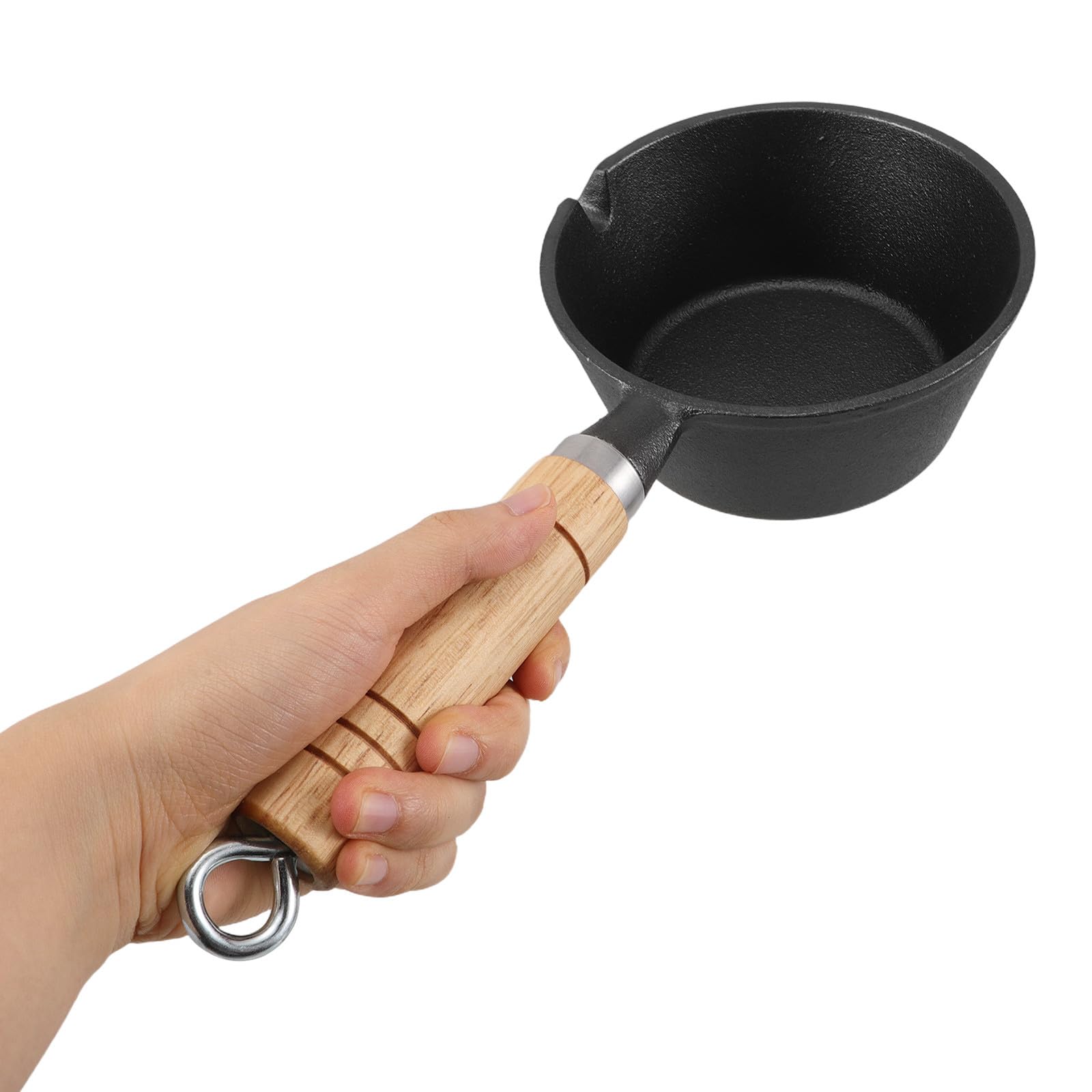 Kleiner Gusseisen Topf 13cm mit Holzgriff für Herd und Induktion Multifunktionale Butterpfanne und Bratpfanne für Frühstück und Tägliche Nutzung