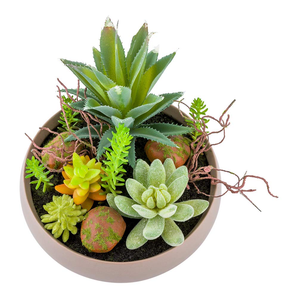 Restaurantware 6 x 5.25 Inch Faux Succulent Arrangement 1 Realistic Artificial Succulent - In Helio Porcelain Planter Use As Table Decor Shelf Decor Or Centerpiece Taupe Plastic Fake Desk Plant Round