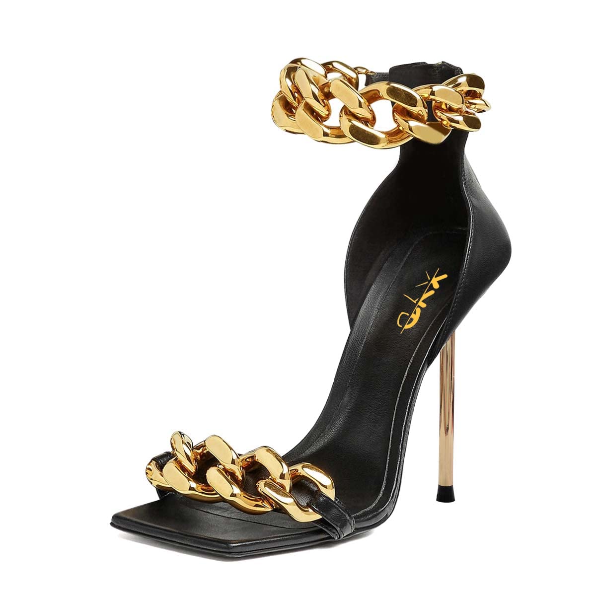 XYD Women Sexy Stiletto Sandals Open Square Toe High Heels Metal Ankle Chain Strap Back Zip Chic Nightclub Shoes