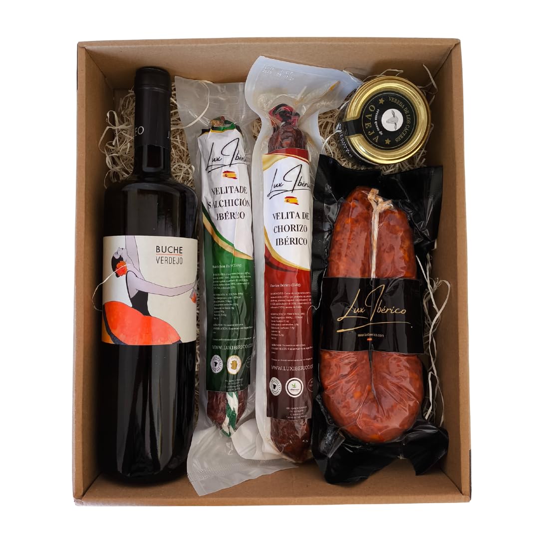 Cesta Gourmet "Livia" - Vino Blanco Verdejo, Embutido y Morcilla | Vino blanco Verdejo, velitas de chorizo y salchichón ibérico, morcilla patatera y crema de queso de oveja. Para regalar.