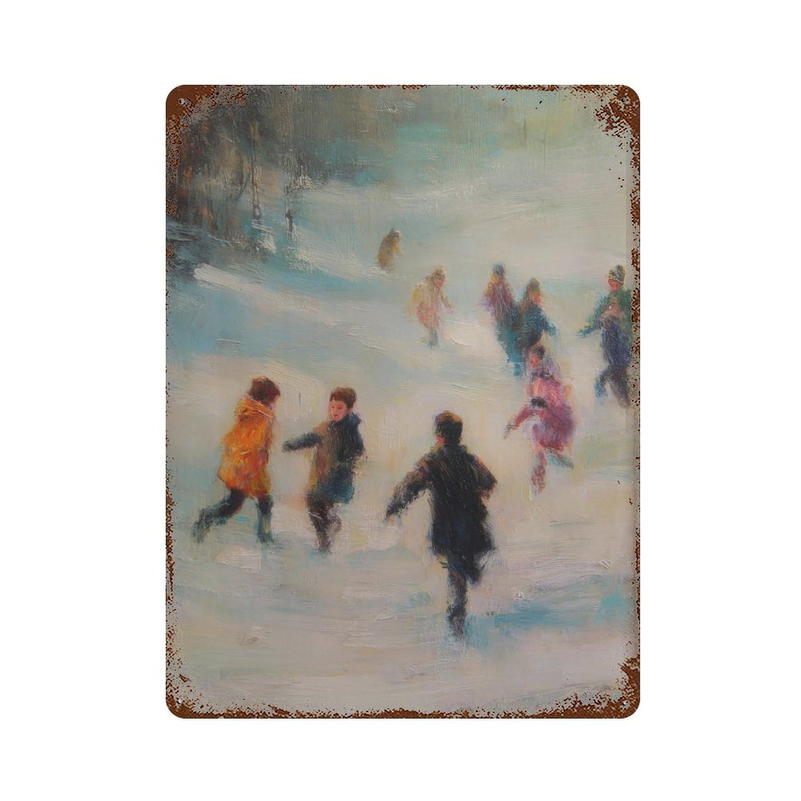 xiaoxiaoshen Children Playing In Snow. Impressionist Winter Scene Wall Decor Art Metal Tin Poster Modern Home Decor Art Home Bar Shop Decorations Vintage Sign 40x30cm