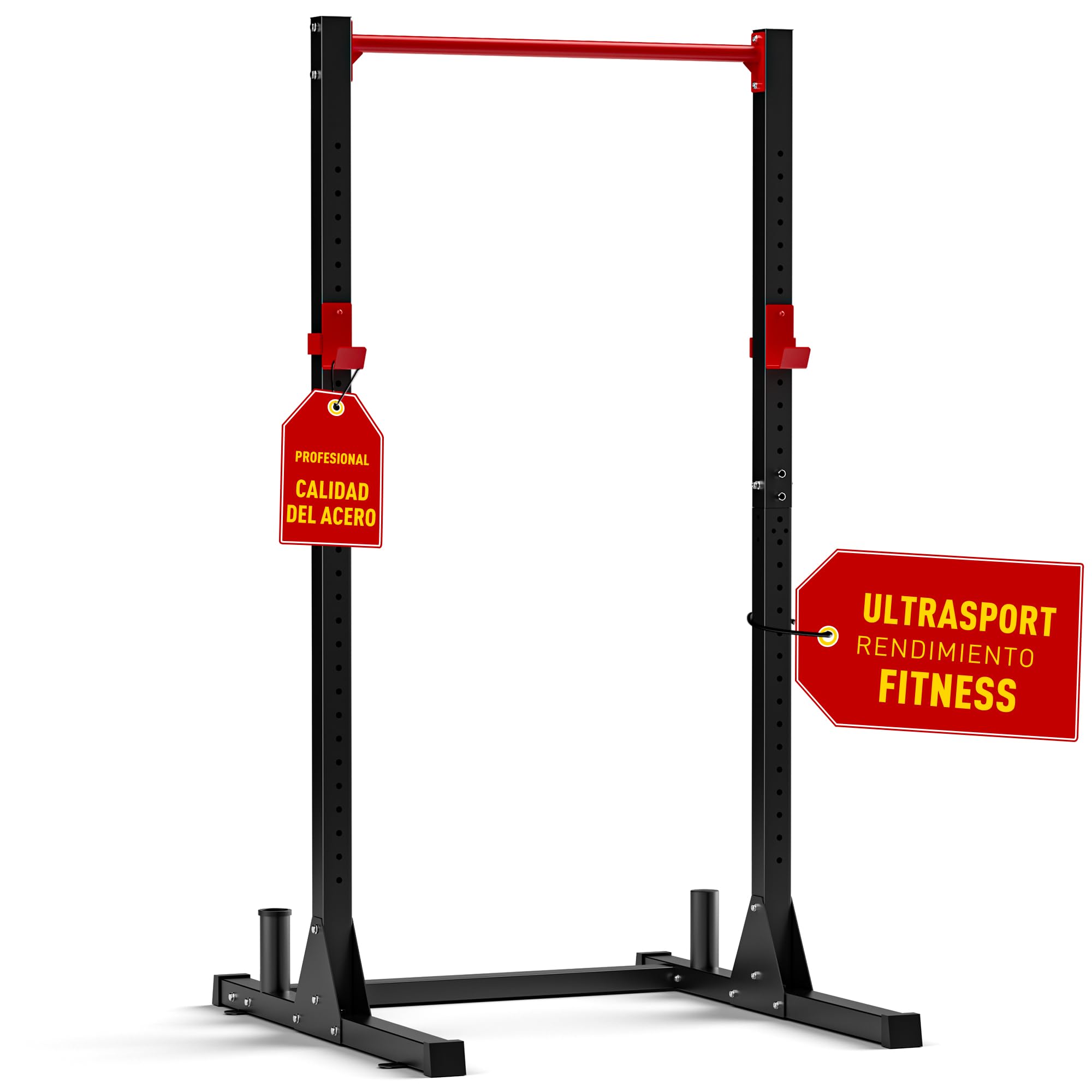 Ultrasport Power Rack, Rejilla multifuncional para entrenamiento efectivo todo cuerpo, construcción acero, perfecto principiantes y pros, multigimnasio con barra, torre Aptitud, Negro/Rojo
