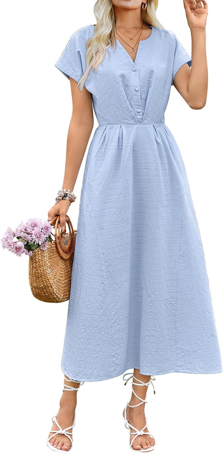 ECOWISH Women Casual Midi Dress: 2025 Button V Neck Cotton Summer Dresses Short Sleeve A-Line Shirt Long Dress with Pockets