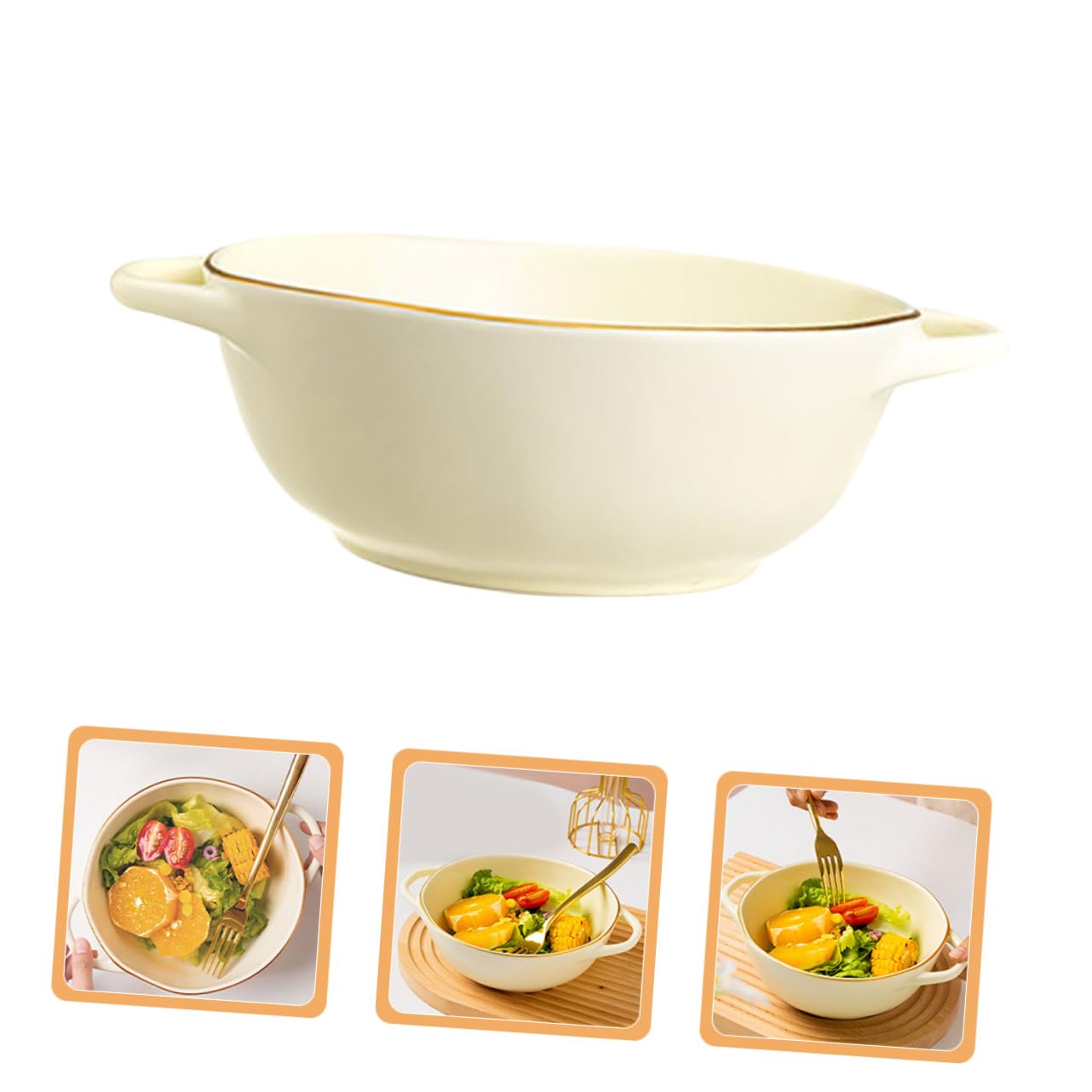 COLLBATH Cuenco de Cerámica Doble Asa 1200ml para Horno y Microondas | Beige, Estilo Simple, Resistente al Calor Óxido, para Sopa, Ensalada y Restaurante