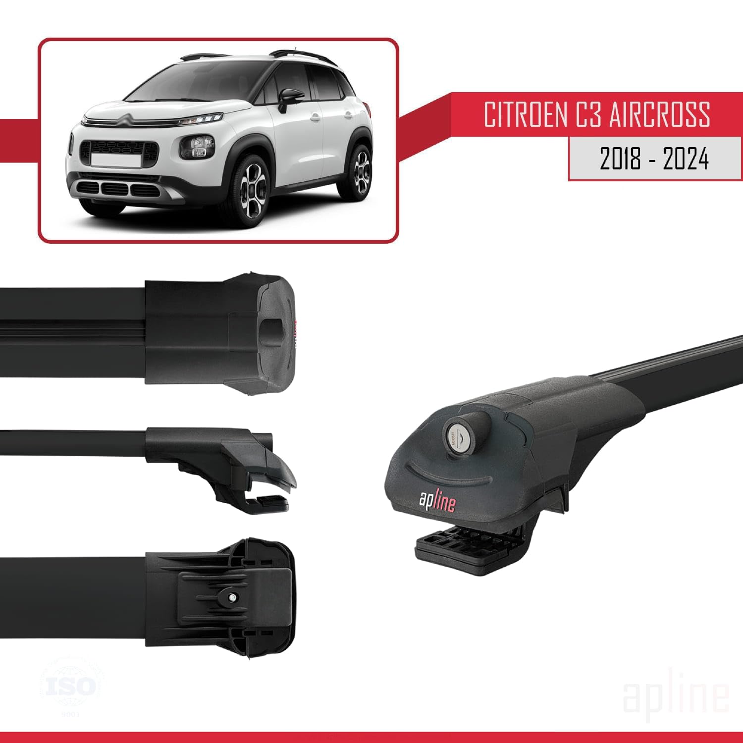 Compatible con Citroen C3 Aircross (A88) 2018-2024 Modelo Ace-1 Barra de Techo Auto Portaequipajes Barras Transversales Negro Aluminio 2 Barras