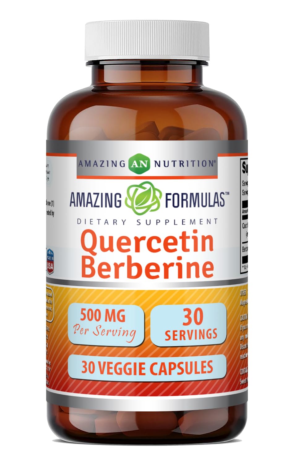 Amazing Formulas Quercetin Berberine | 250 Mg Berberine and 250 Mg Quercetin | Veggie Capsules Supplement | Non-GMO | Gluten Free | Made in USA (30 Count) Unflavored, 30 Count