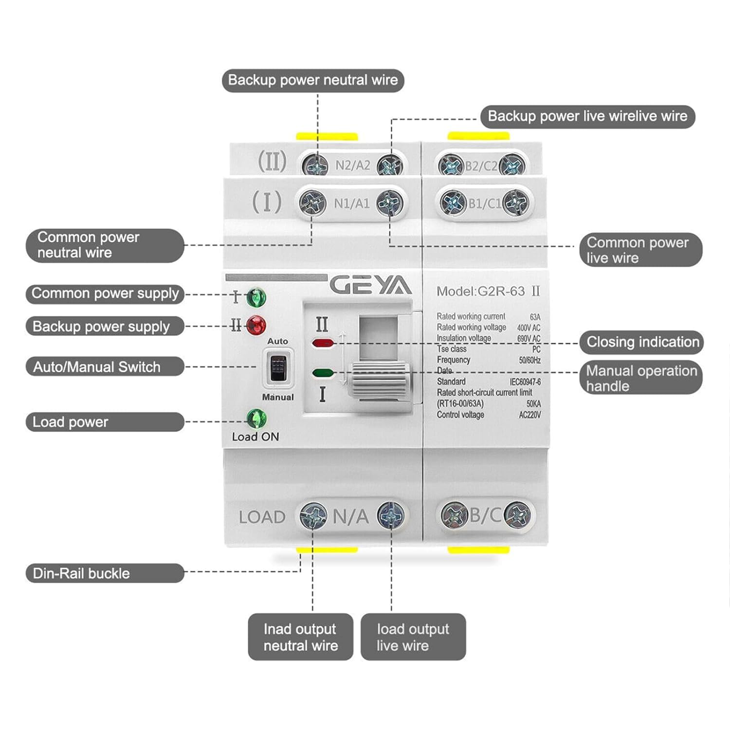GEYA Mini ATS Doppelstrom Automatischer/Manueller Umschalter Solar Automatikschalter 4P 63A AC220V DIN-Schiene