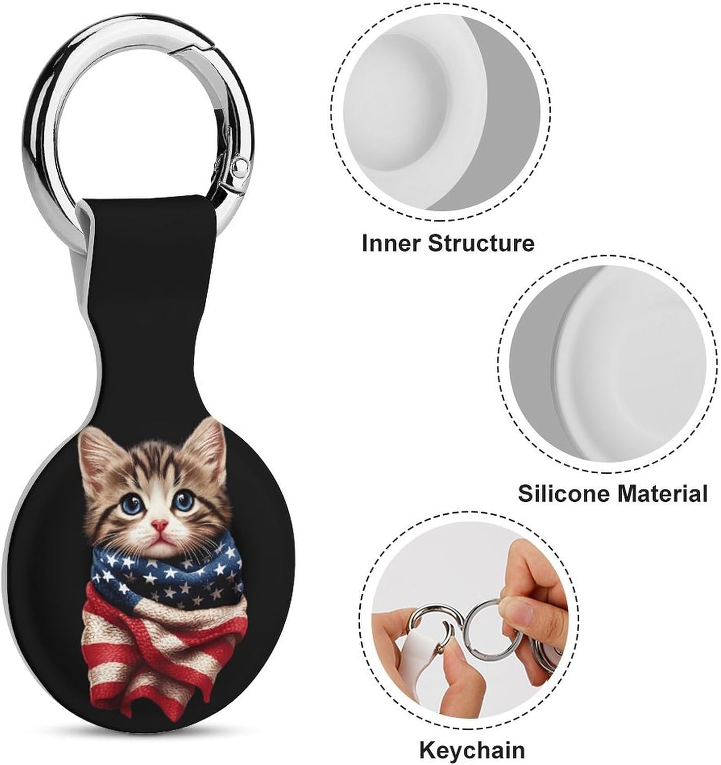 U.S.A. Flag Cat Funny Cover Compatible with AirTag Case Protector GPS Tracker Holder with Keychain