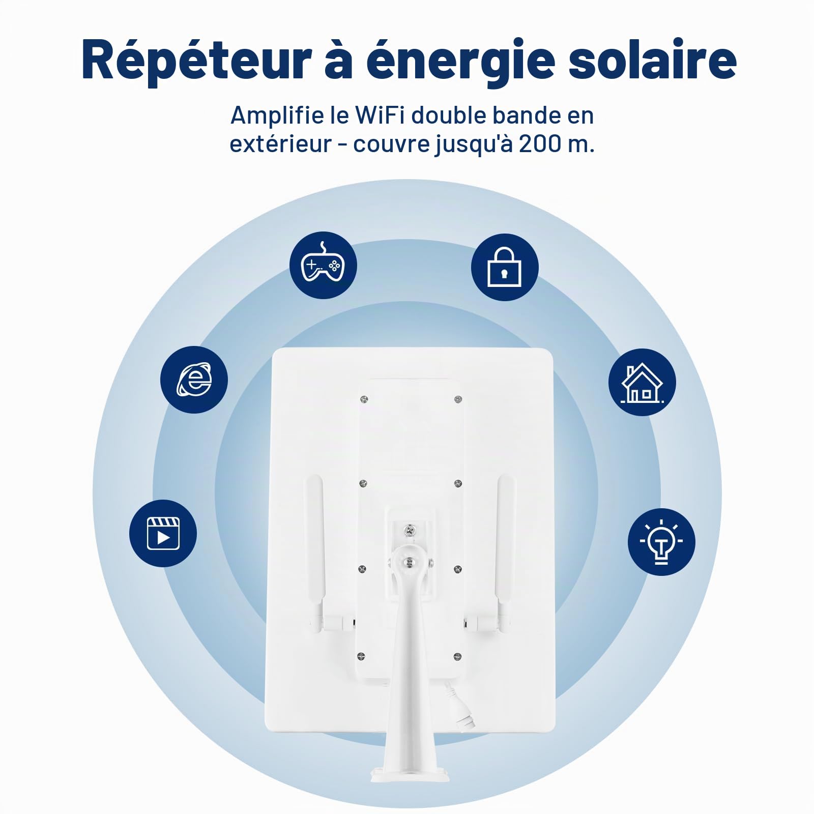 Répéteur WiFi Solaire, Amplificateur de Signal WiFi, Amplificateur WiFi, 2,4 GHz 300 Mbps Couverture 200 m, Étanche IP65 pour Jardins, Fermes et Espaces Extérieurs