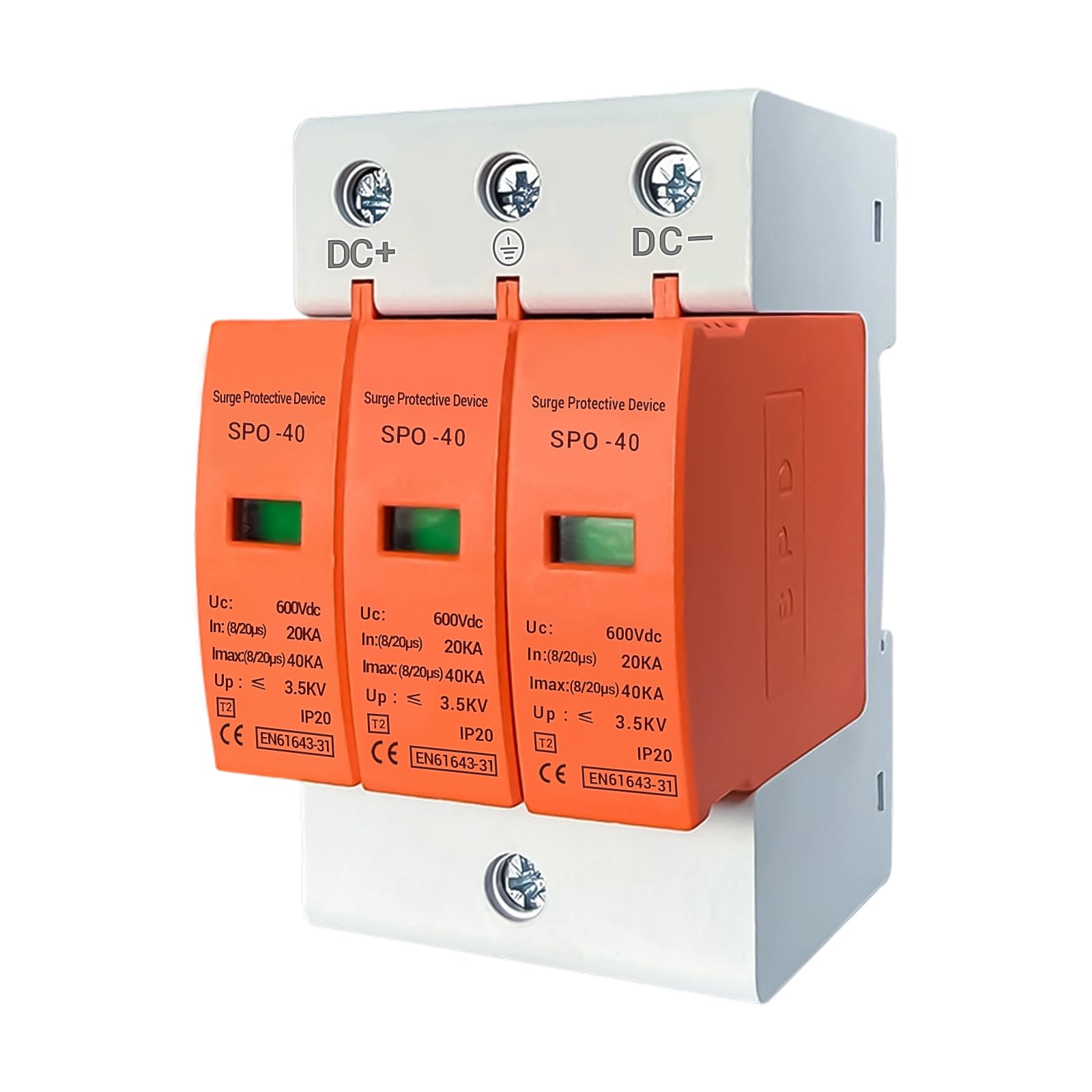 Dispositivo di protezione da sovratensioni 3P, scaricatore di sovratensioni 600V DC 40kA, montaggio su guida da 35 mm, SPD a bassa tensione per protezione da fulmini, protezione solare fotovoltaica