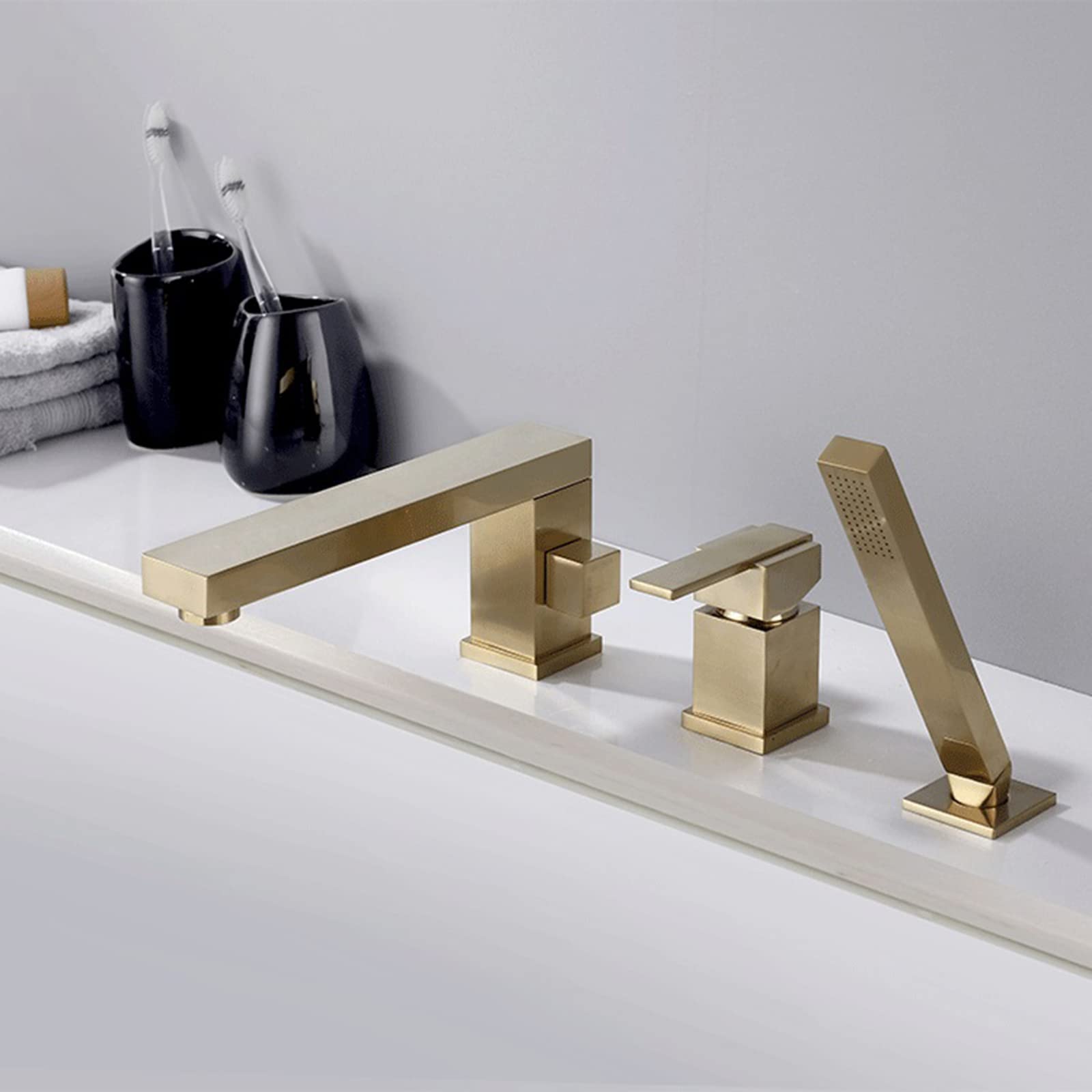 Grifo Mezclador de Ducha de baño de 3 Orificios con Ducha de Mano, Cabezal de Ducha y Juego de Manguera para grifos de baño, Oro Cepillado