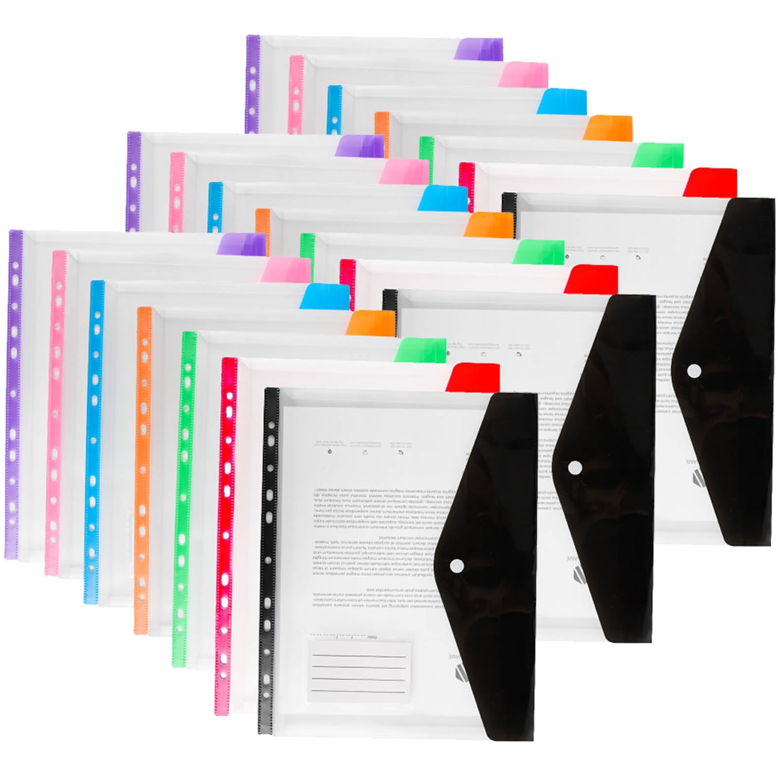 21PCS Plastic Wallets A4 Punched Pockets, 11 Holes Expandable Binder Folders for 2/3/4 Ring Document Pouch with Snap Button & Label Loose-Leaf Transparent for Office School Home (Side Open)