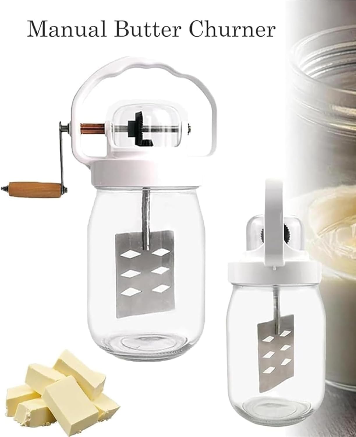 Manual Butter Maker, Butter Paddle, Hand Crank Butter Churner, Stainless Steel, Capacity 1500 Ml, Glass, Easy to Disassemble & Washable, for Home, Kitchen, Baking
