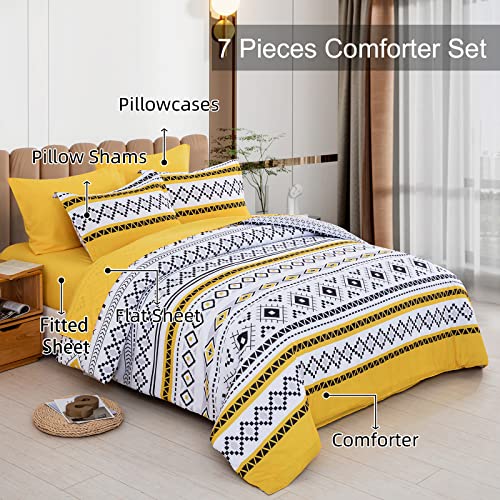 Yellow Boho Comforter Set Queen,7 Pieces Bed In A Bag Comforter Geometric Bedding Set Bohemian Soft Microfiber Queen Size(1 Comforter,2 Pillowcases,1 Flat Sheet,1 Fitted Sheet,2 Pillow Shams) #TOP3