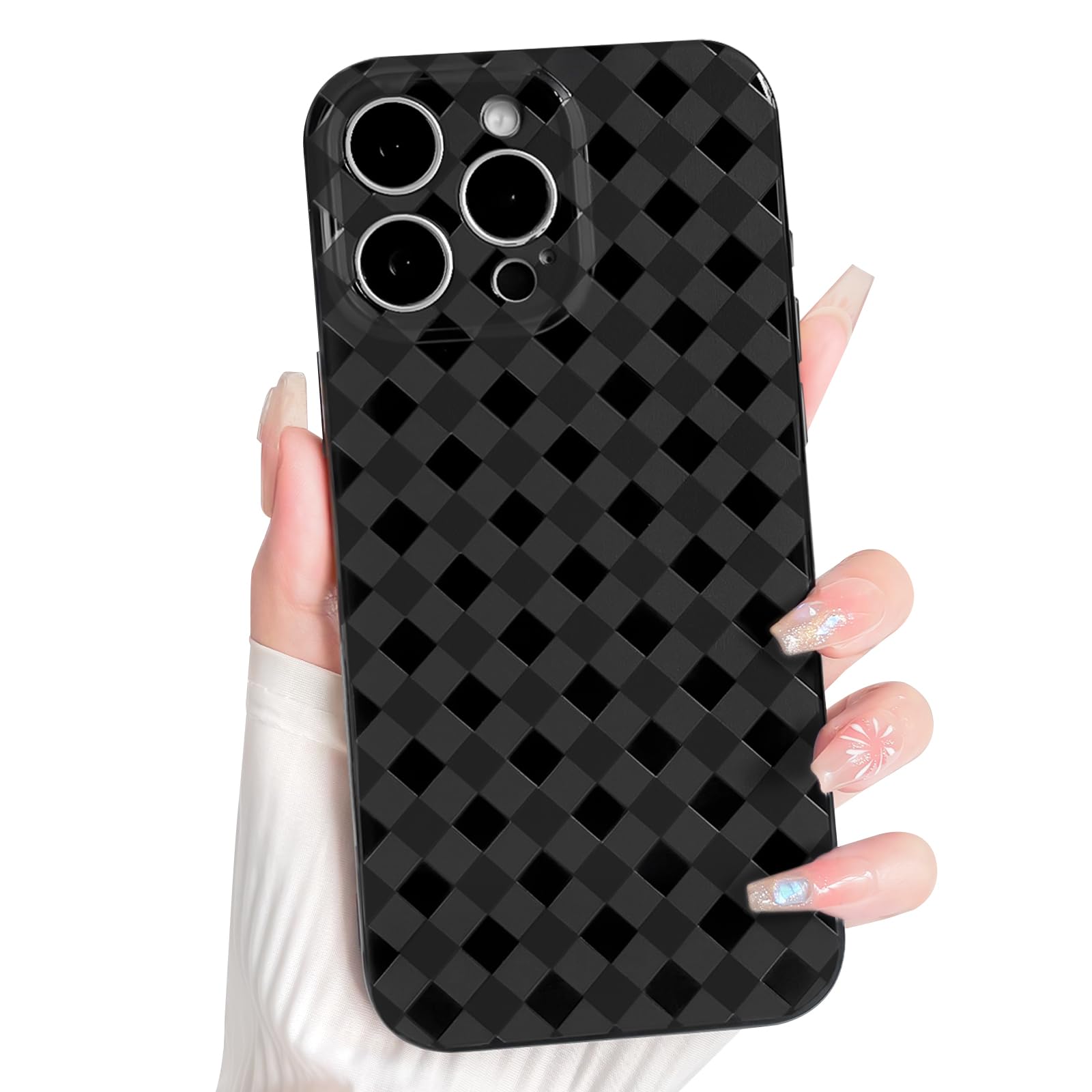 NITITOP Compatible with iPhone 15 Pro Case Cute Aesthetic Plaid Checkered Argyle Lattice Pattern for Women Men Girls Boys Slim Soft TPU Shockproof Protective Cover - Black