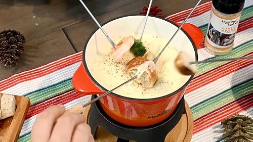 The Melting Pot Cast Iron Ombre Fondue Set – 1.6L Fondue Pot with Burner, Forks & Wood Base for Meat, Cheese & Chocolate Dipping