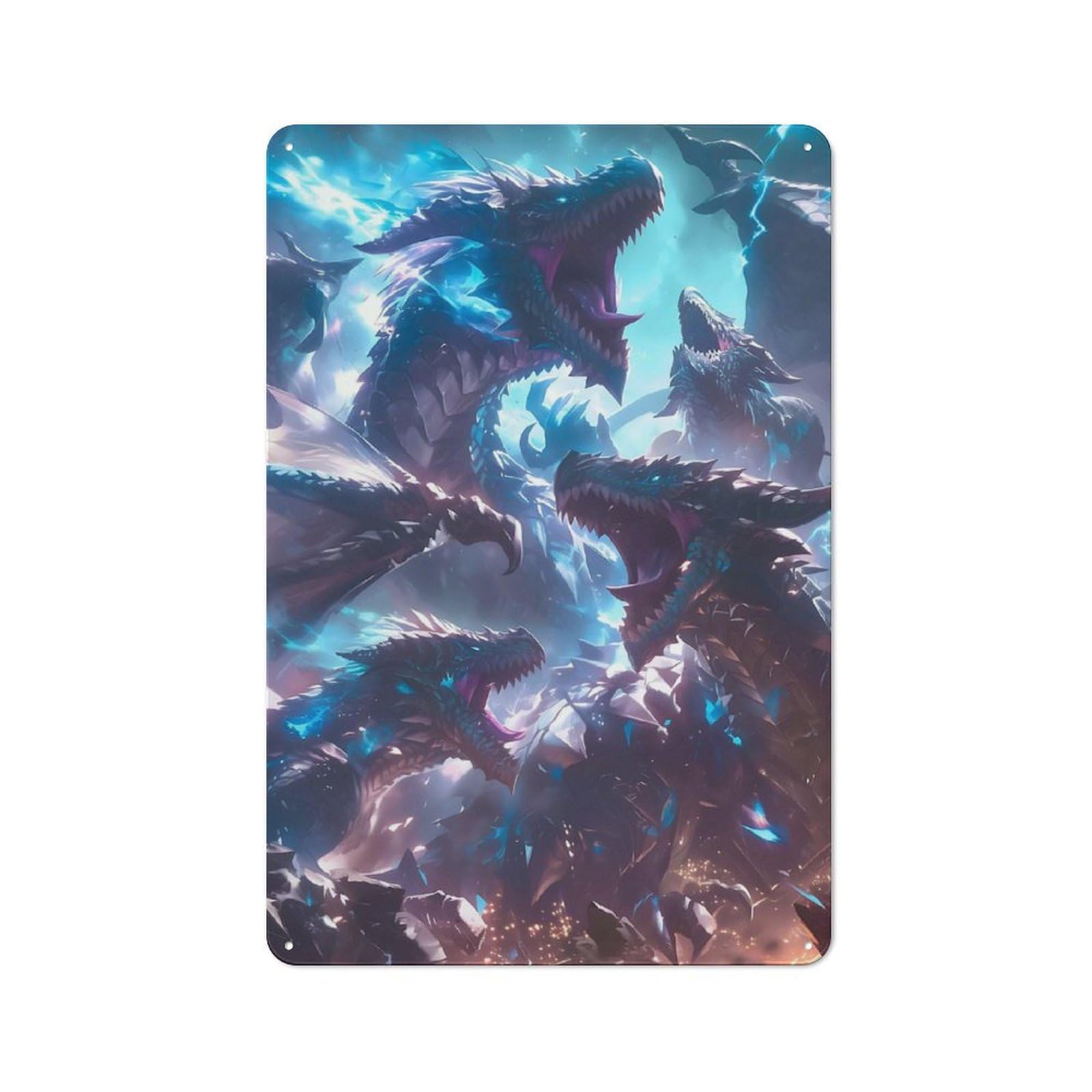 Tin Sign with Majestic Dragons Design 30x20cm, Weathered Look Industrial Wall Art for Workshop, Basement, Shed Or Games Room
