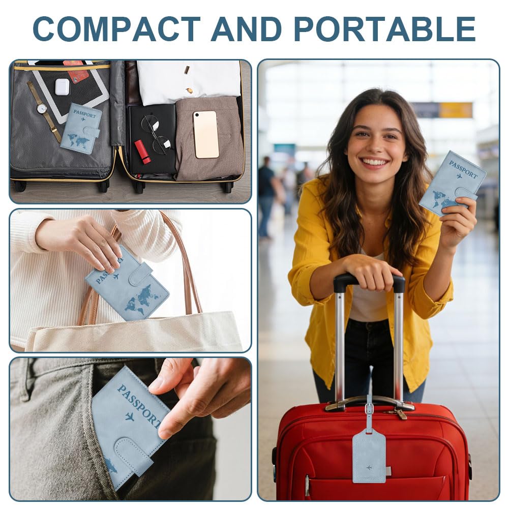 OFFCUP Custodia per Passaporto, Custodie Porta Passaporto con Blocco RFID, Custodia Passaportos con Etichetta Valigia in Pelle PU per Carte d'Identità Carte di Credito, Passaportos Pass (Azzurro)