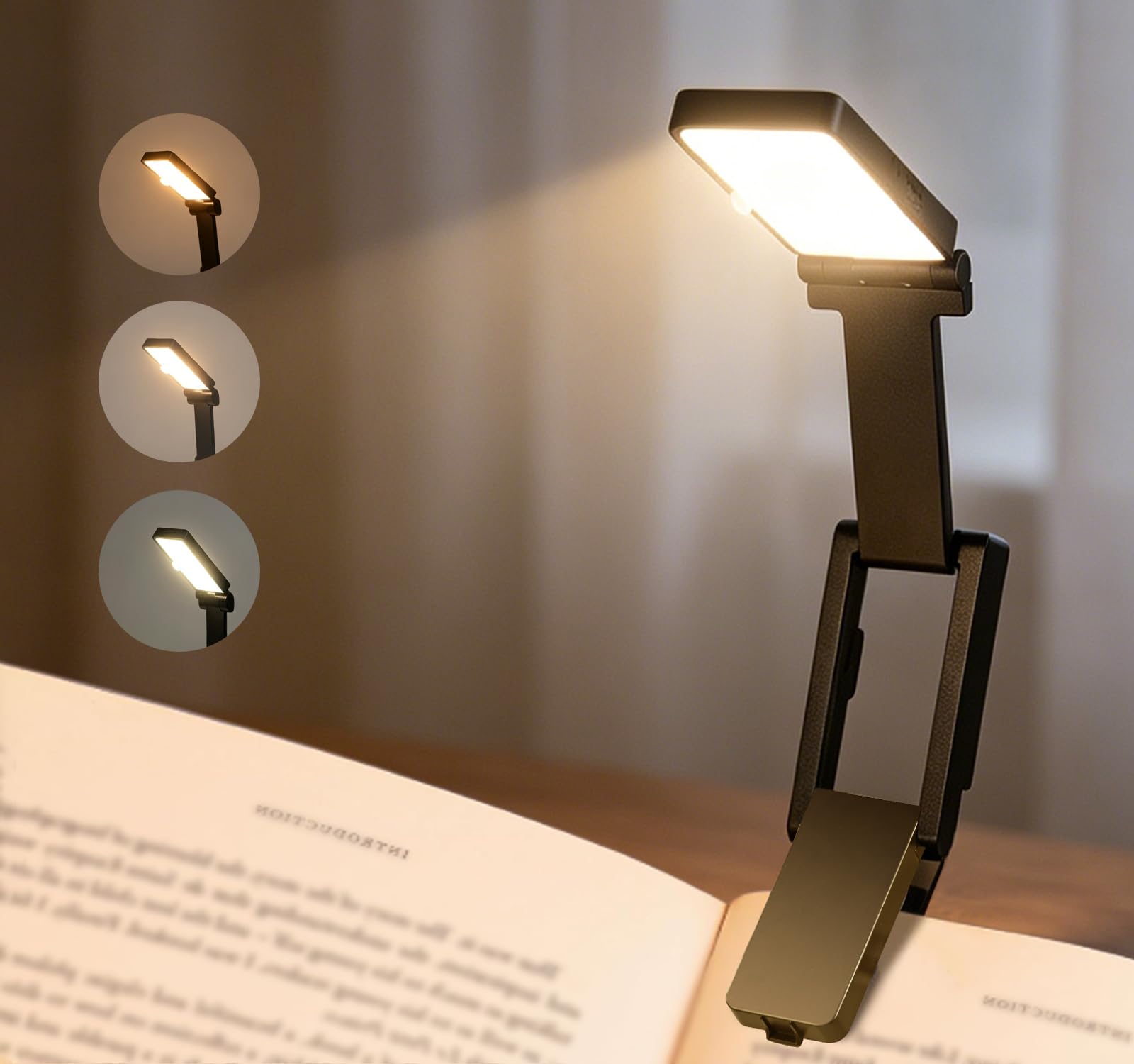 WYJZH 12 LED Reading Light, Clip on Book Reading Lamp, Rechargeable Eye-Caring Lamp with 3 Colour Modes & Stepless Dimming, Long Battery Life, 3-Level Power Indicator, Portable Mini Reading Lamp