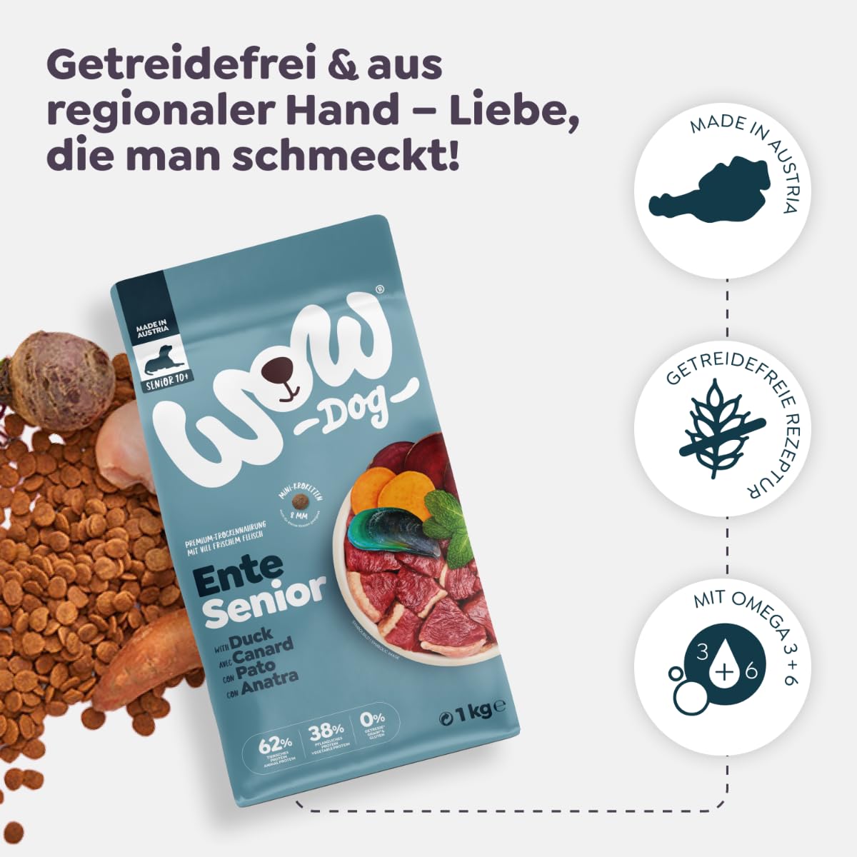 WOW Dog Senior Hunde Trockenfutter Minis mit Ente 3 x 1kg | ohne Getreide