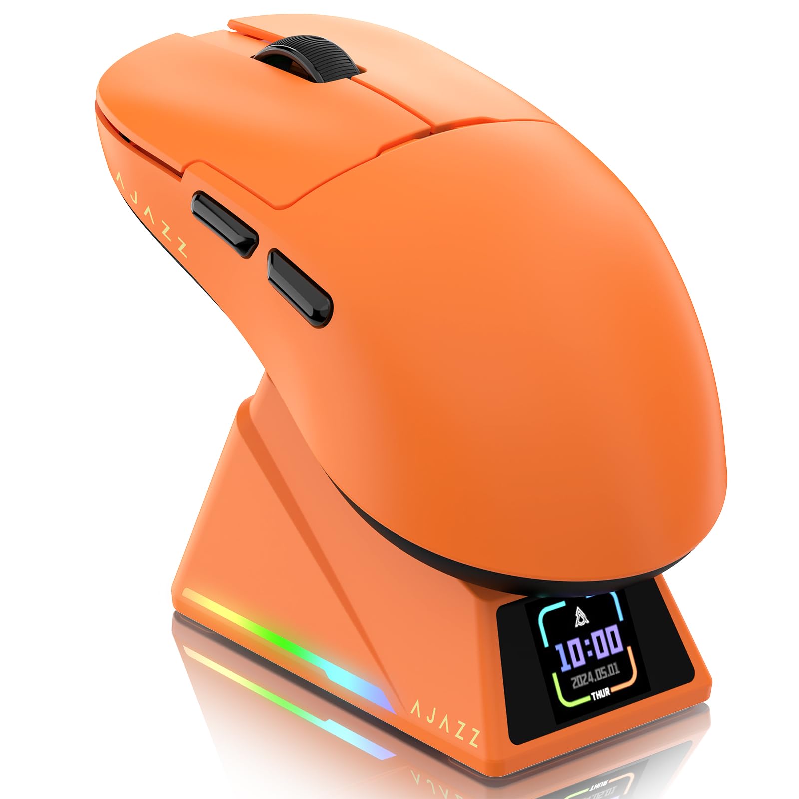 ATTACK SHARK Ajazz AJ159APEX PAW3950 Ratón Gaming, 42K dpi, 8K Hz Wireless Polling, Base de Carga Magnética RGB con Pantalla a Color, 56g Ultraligero Mouse, Cableado/2,4G/BT, PC/PS/Mac, Naranja