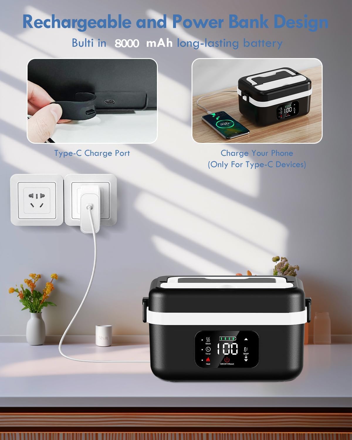 Fiambrera Eléctrica 1 L Recargable con Batería de 8000 mAh | Ideal para Obras Coches y Oficinas con Calentamiento Portátil y Uso Diario