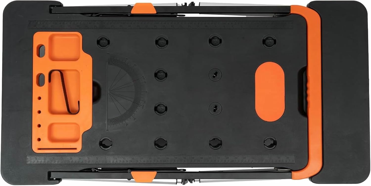 Portable Folding Work Table Sawhorse - Adjustable Tool Mounts, Anti-Slip Wheels for Smooth Movement Over Uneven Terrain