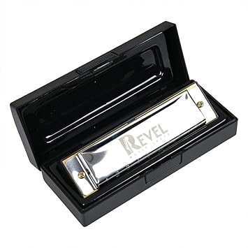 REVEL 10 Key C 10 Hole Diatonic Blues Mouth Organ Harmonica for Professional Player, Silver. With case and cleaning cloth - image, photos