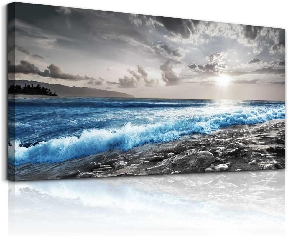 hyidecorart Large Wall Decor For Living Room Canvas Wall Art For Office Bedroom Decorations Blue Ocean Wave Wall Painting Black and White Beach Pictures Artwork Modern Mural Home Decor