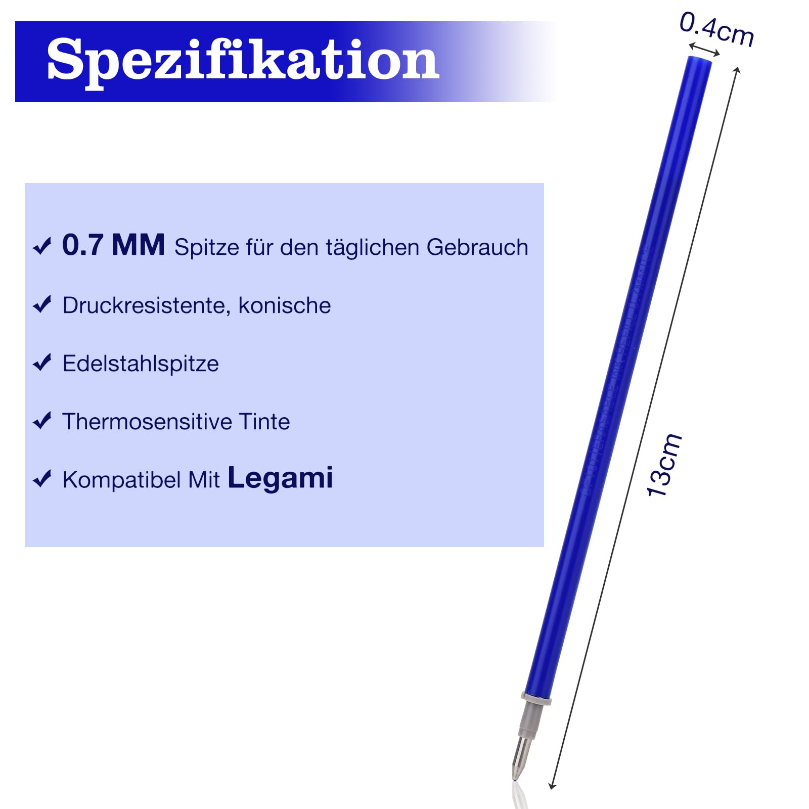 Willingood Refill per Penna Gel Cancellabile,compatibili con Legami,14 Pezzi,Blu, Altezza 13 cm, Inchiostro Termosensibile, Punta 0,7 mm, Particolarmente adatto per la scuola e la vita quotidiana