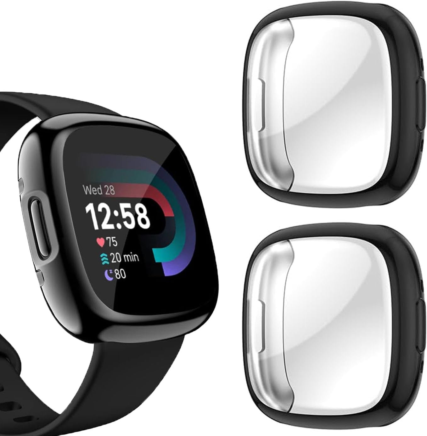 2 Pack TPU Case for Fitbit Versa 4 Screen Protector, Full Around Electroplate Protective Cover Compatible with Fitbit Sense 2/Versa 4 Smartwatch (Black/Black)