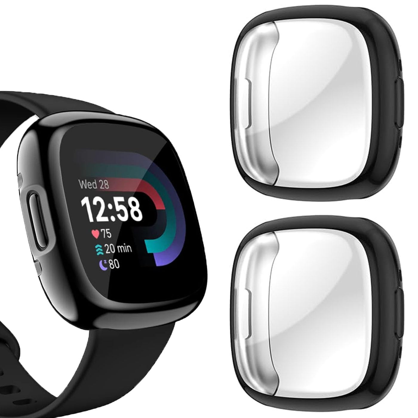2 Pack TPU Case for Fitbit Versa 4 Screen Protector, Full Around Electroplate Protective Cover Compatible with Fitbit Sense 2/Versa 4 Smartwatch (Black/Black)