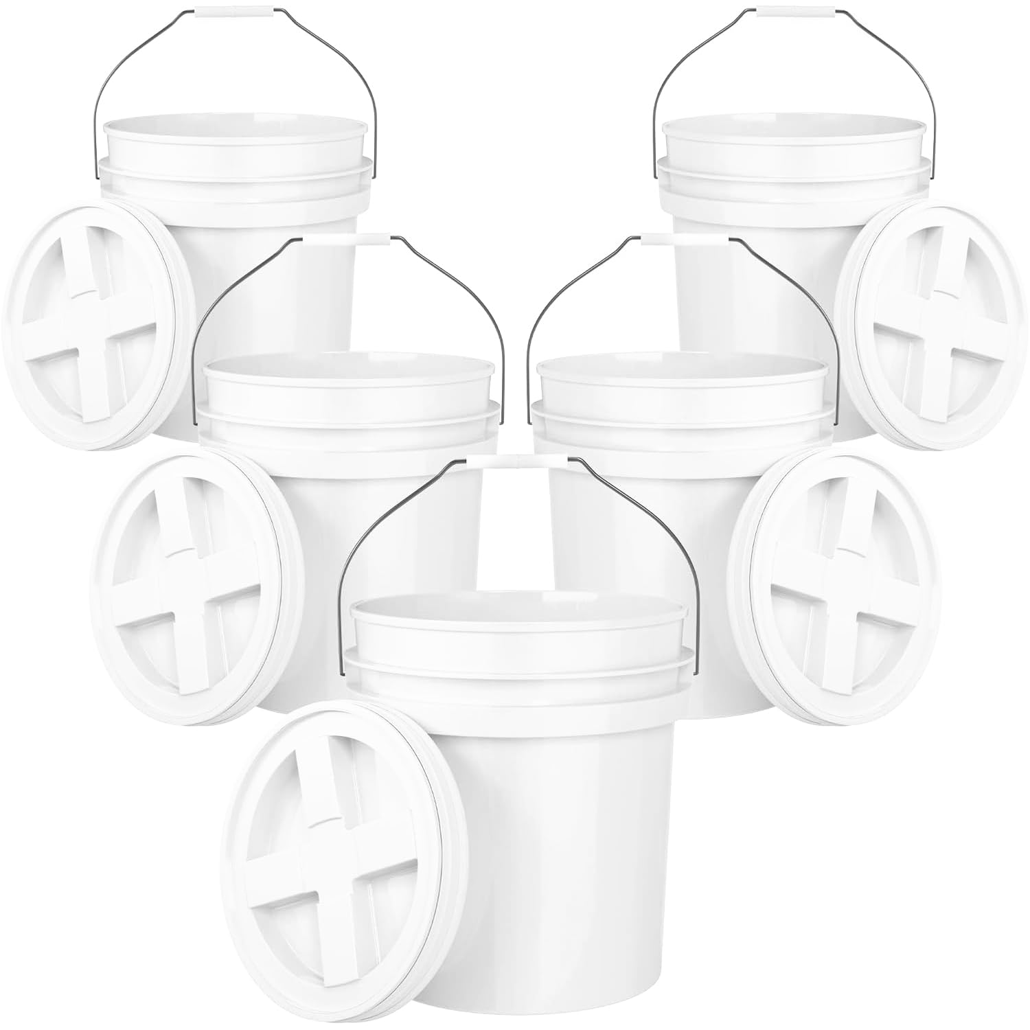 5-Gallon White Bucket Pail with Gamma Seal Screw on Airtight Lid, Heavy-Duty 90MIL Extra Durable, Food Grade, Metal Handles with Plastic Grip for Easy Carrying, Easy Stack &amp; Store, BPA Free - 5 Pack