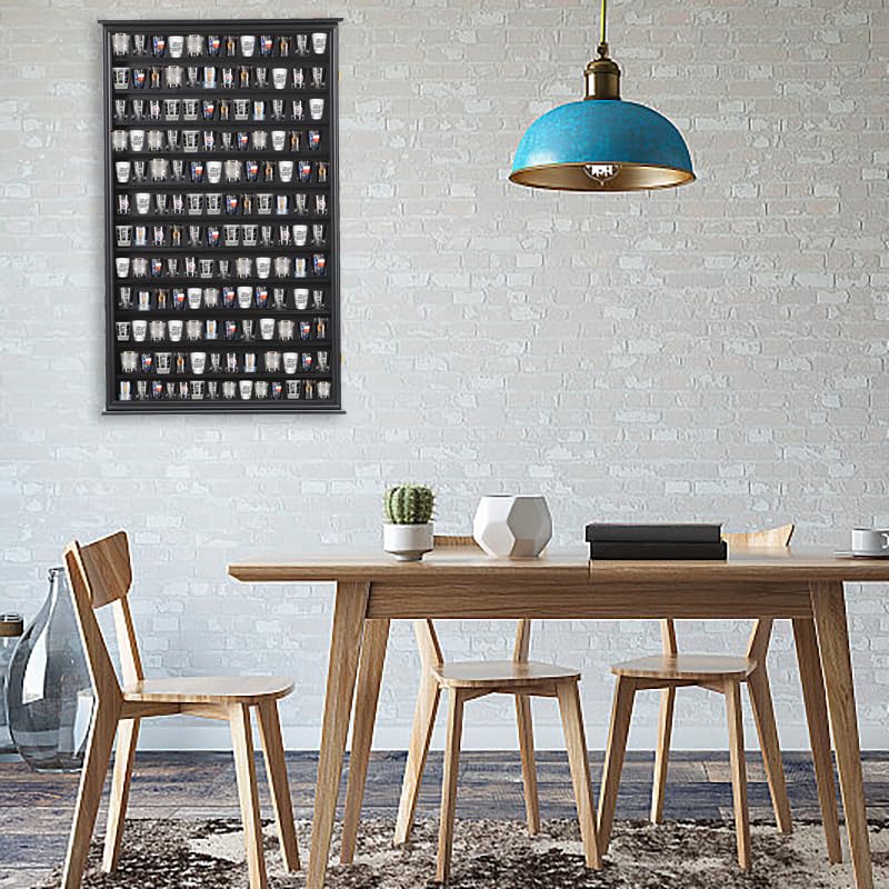 Shot Glass Storage Display Case Large Solid Wood Cabinet Rack Holder Wall Mounted Black Shadow Box Lockable with UV Protection Acrylic Glass Door, 41.3"H x25.6"W x3.5"D, Store Up to 144 Shot Glasses!