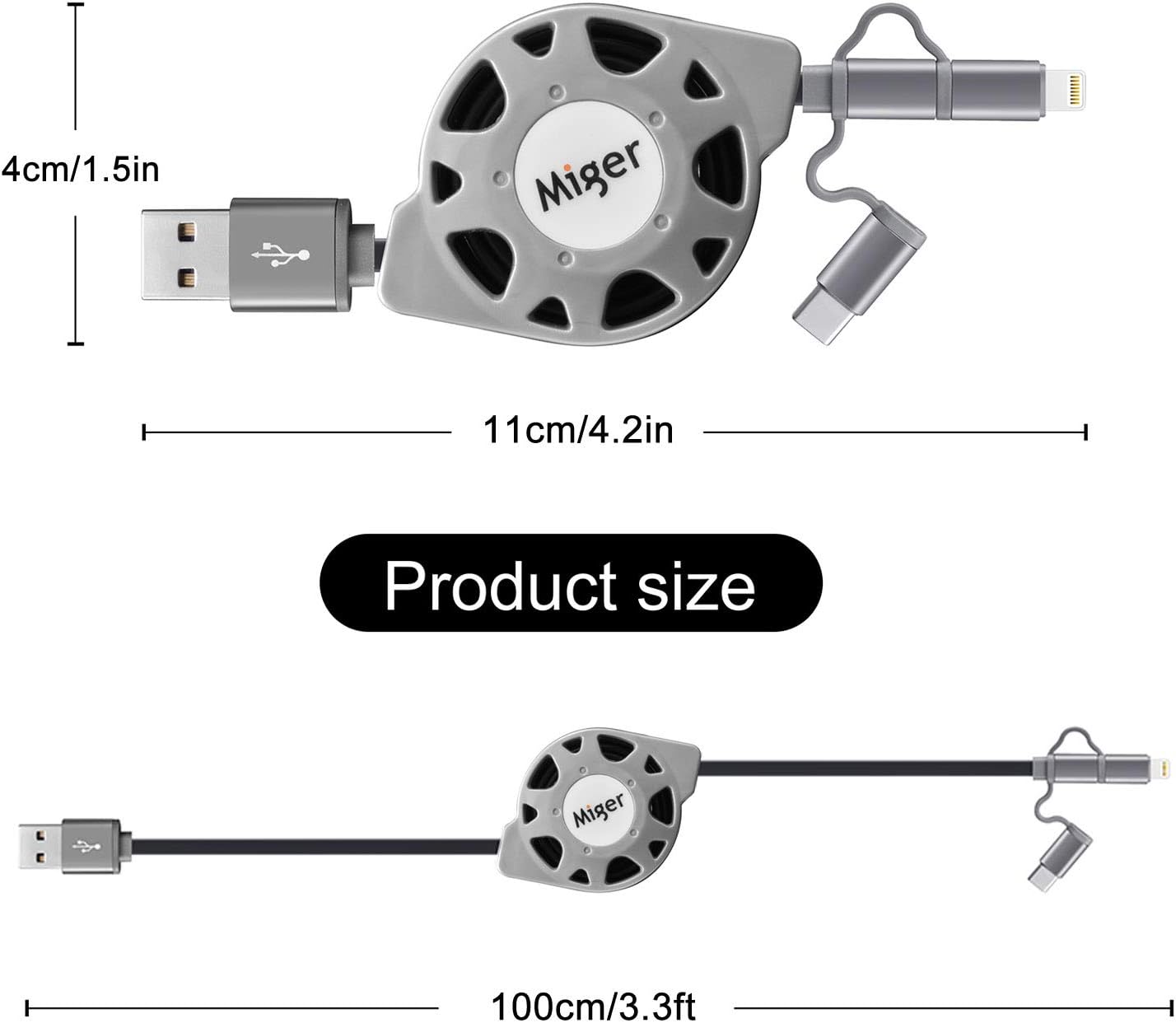 Multi Fast Charging Cable [MFi Certified] Retractable Charger Cable 3 in 1 Multi Charging Cord with Lightning/Type C/Micro USB Charger Sync Cable for Cell Phones,iPhone,iPads,Galaxy,PS(2Pcs/3.3ft)