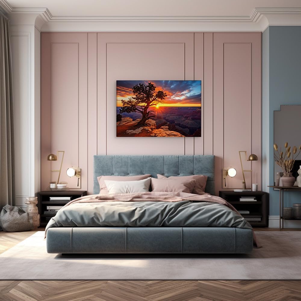 Canvas for Living Room. Sunset Majesty at The Grand Canyon � A Silhouetted Sentinel Against a Vivid Sky, 27 x 18 inch Canvas Wall Art - Captivating Portraits - Modern Home Decor