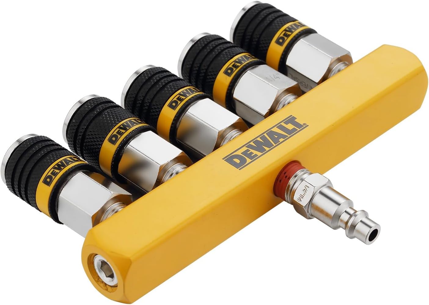 DEWALT 5-Way Straight Air Manifold and 5-Port Pneumatic Splitter with Universal Couplers and Industrial Plug: 300 Max PSI, 40 SCFM Airflow