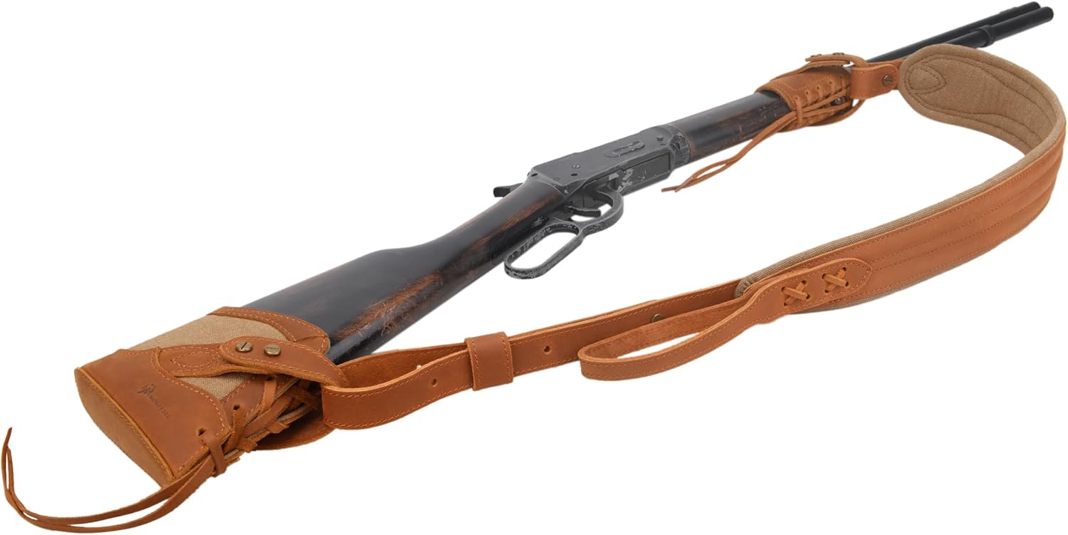 WAYNE'S DOG No Drill Leather Rifle Sling with Slip-on Recoil Pad and Barrel Mount fit for Lever Action Rifles, Shotguns