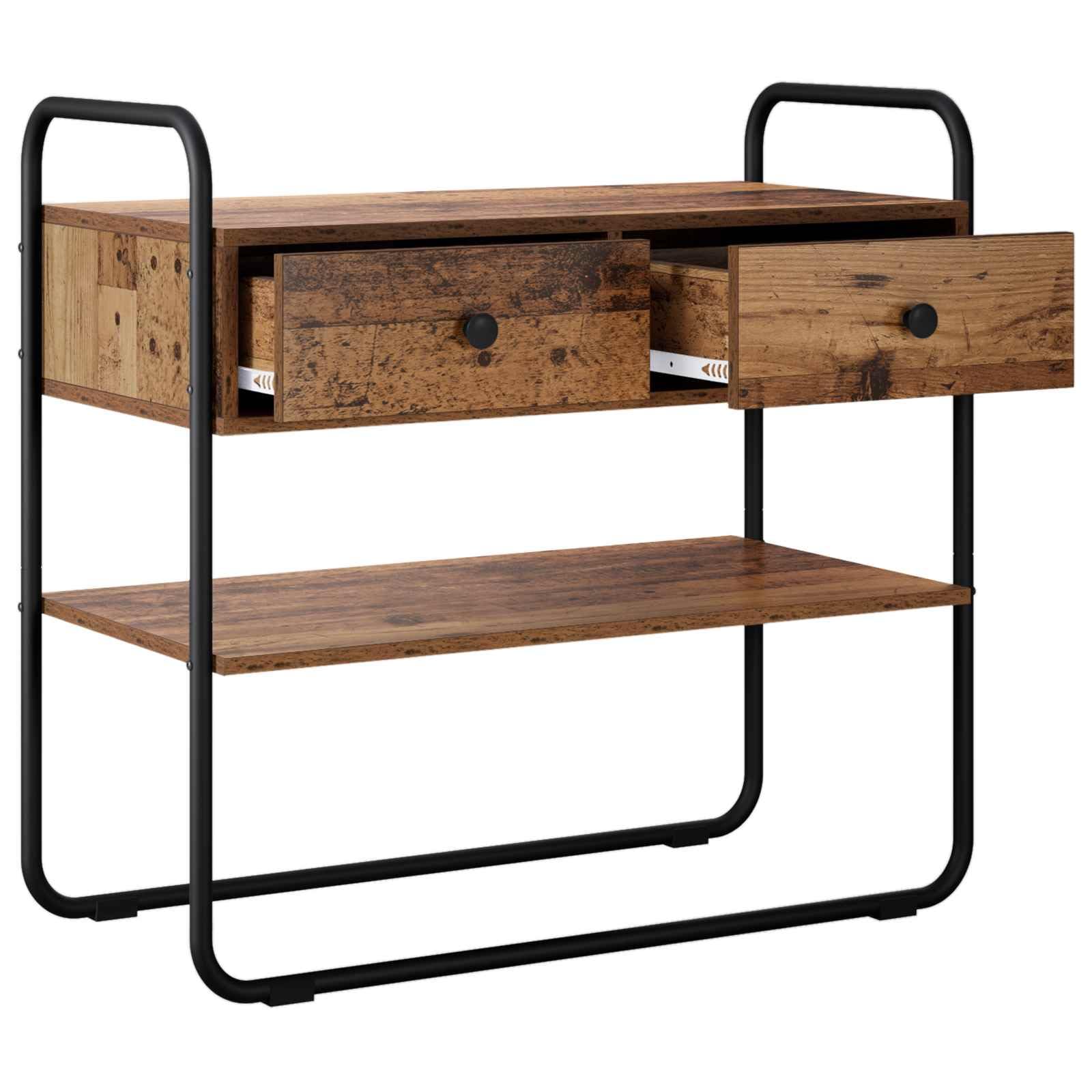 Stolik konsolowy z drewna starego drewna 100 x 40 x 75 cm, materiał drewnopochodny z półką i szufladami, stabilny stelaż z ocynkowanej stali, idealny jako stół do korytarza, stolik ścienny