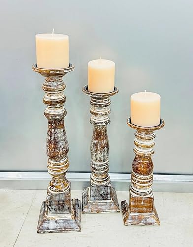 Juego de 3 portavelas de pilar de granja envejecido, pedestal decorativo de madera rústica, centros de mesa para chimenea, manto, café, bar, mesa de