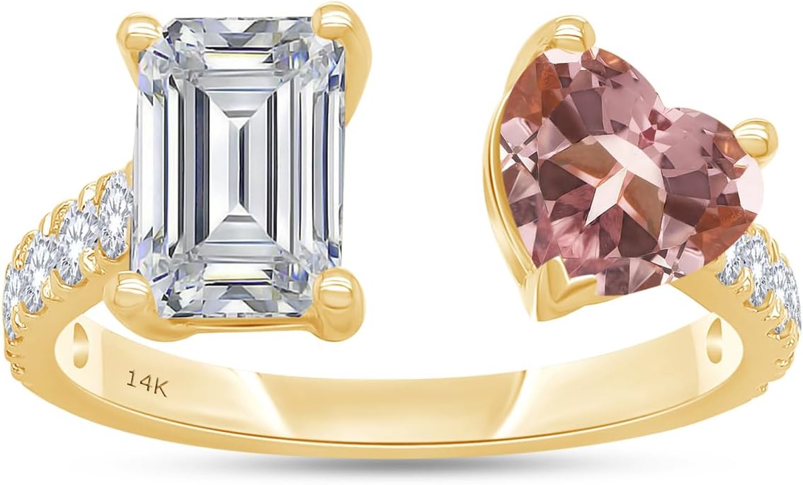 SAVEARTH DIAMONDS EGL Certified Heart Shape Pink With White Emerald & Round Cut Lab Grown Diamond Adjustable Half-Eternity Toi Et Moi Engagement Ring in 10K Or 14K Solid Gold (Color: G-H, 2.32 Cttw)