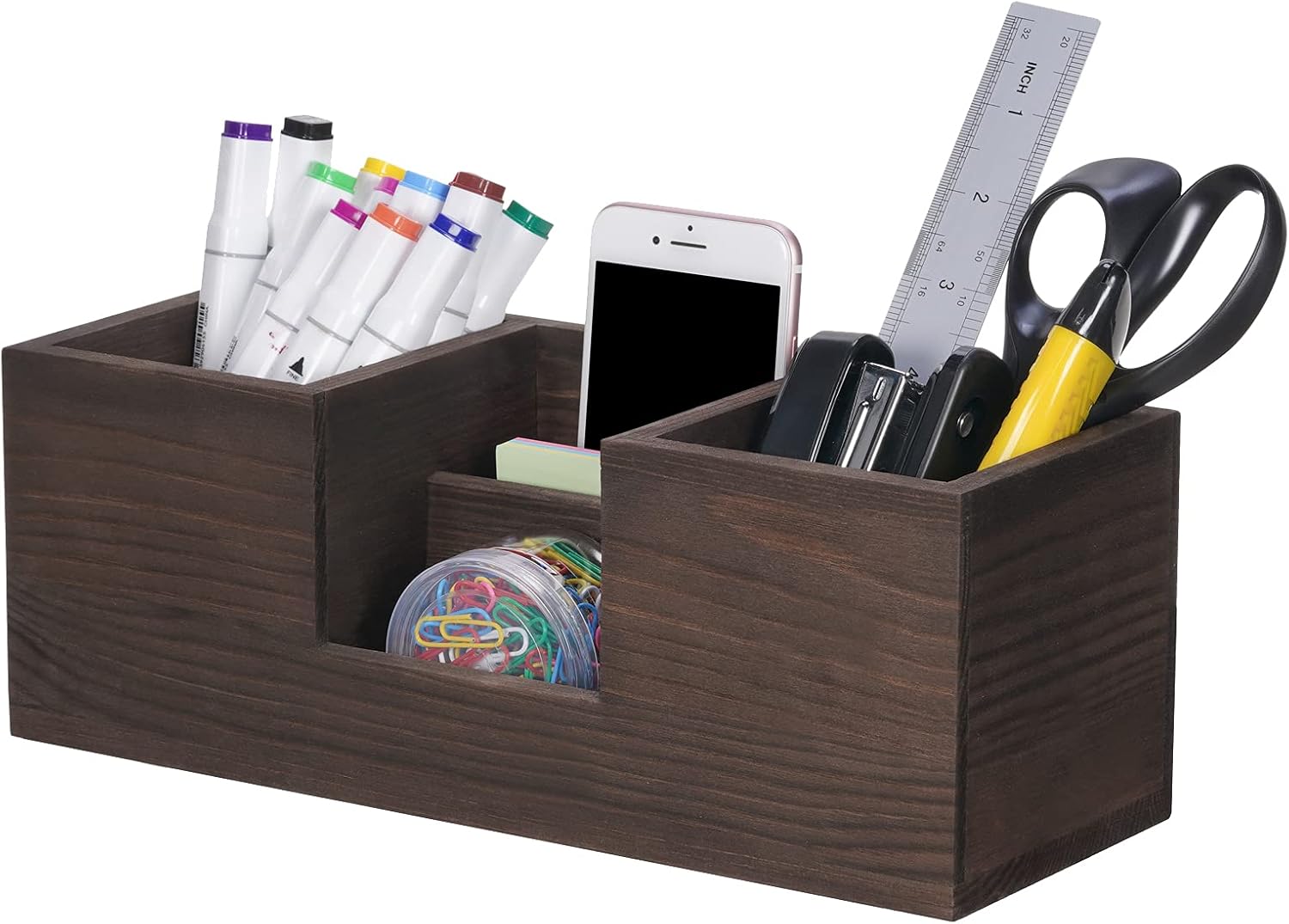 Snughome Rustic Wood Desk Organizer, Pen Pencil Holder Organizer Remote Control Storage with 4 Compartments, Desktop Office Supplies Organizer Box Container for Home, Office Supplies
