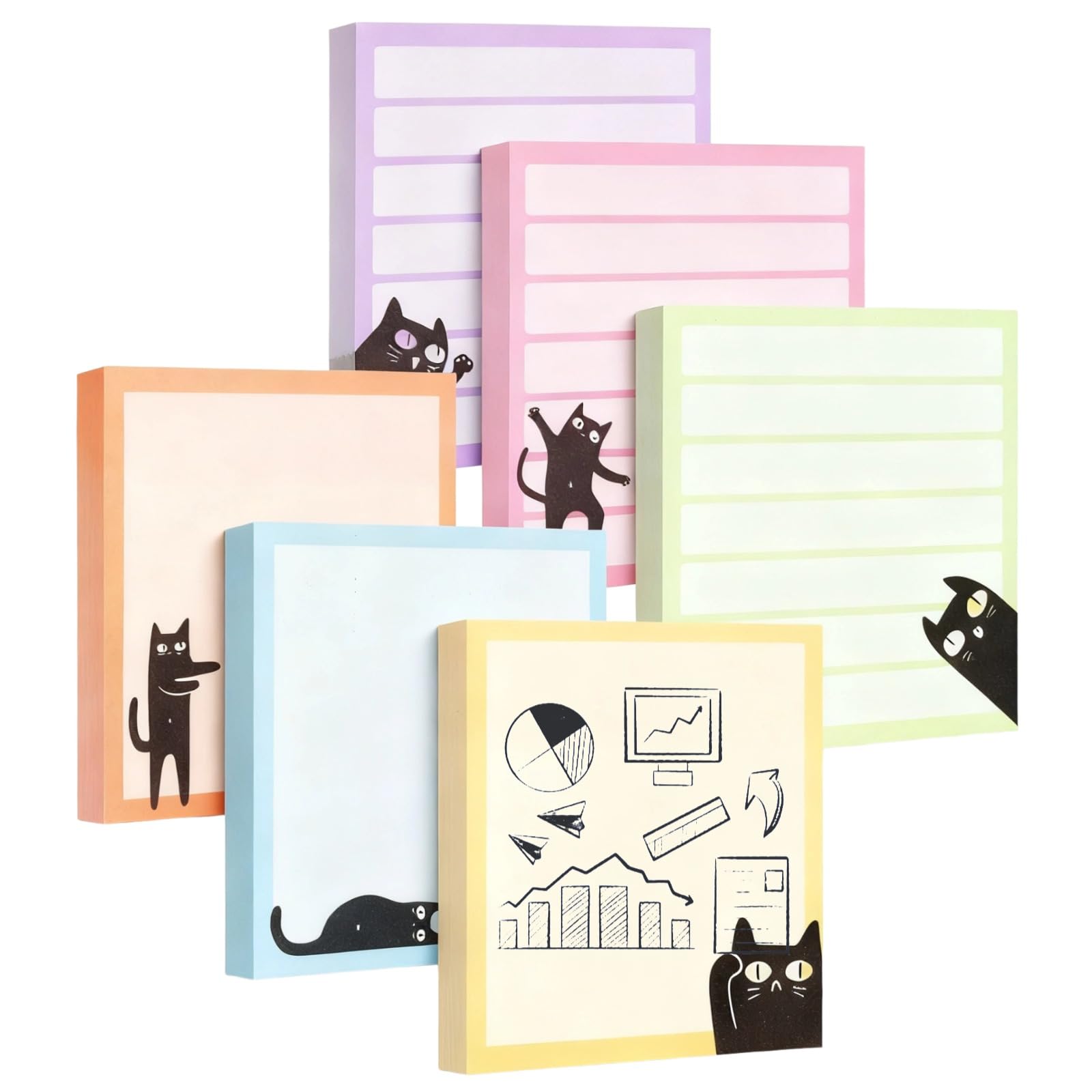 Sticky Notes 3''x3'' Cute Self-Stick Notes,6 Pack Funny Black Cat Notepad for Cat Lover Gift, Cute Cat Office Supplies, Easy Post Sticky Notes 480 Sheet Total