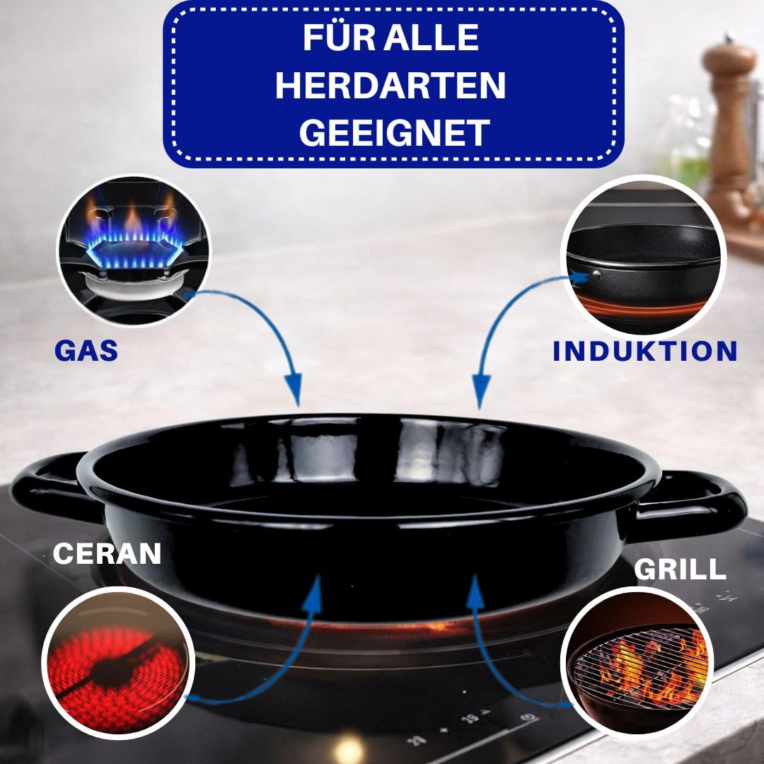 Riess Eierpfanne 22 cm Emaille – Servierpfanne -Omlettpfanne – ideal für Induktion- Eier-Pfanne kratzfest & hitzebeständig – kleine Bratpfanne für Omlette Spiegelei schwarz Made in Österreich